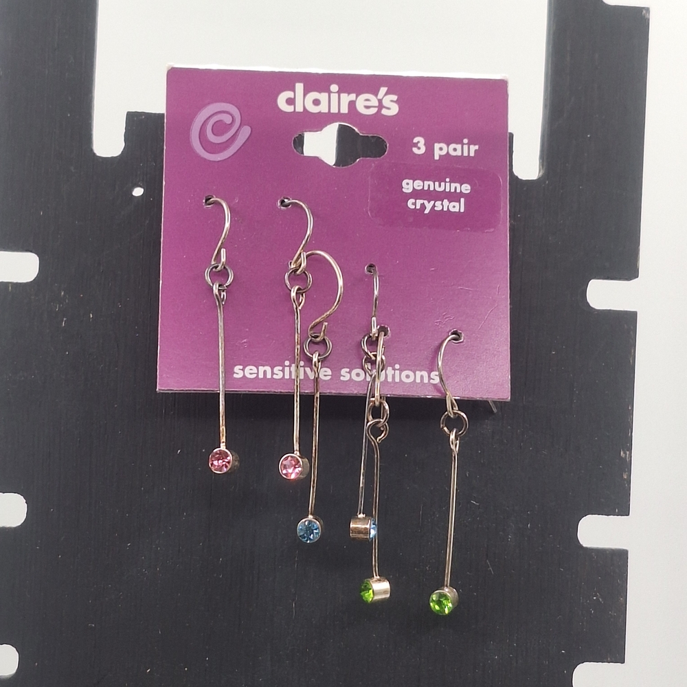 Claire's Genuine Crystal Drop Earrings Set - Pink, Blue, Green
